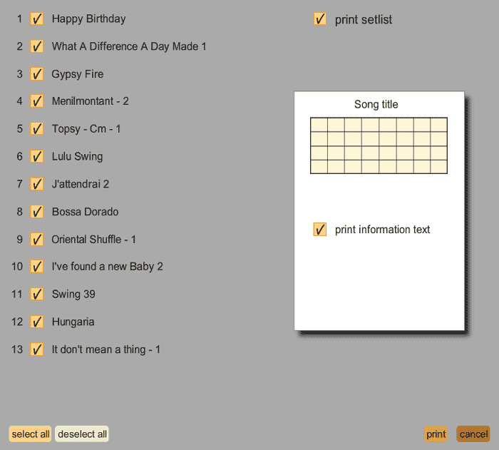 Print Setlist Dialog Print Setlist Dialog